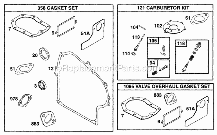 Gasket Sets Diagram and Parts List for  Briggs and Stratton Engine